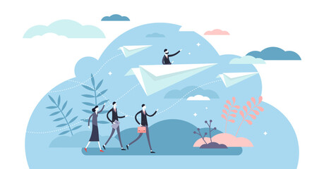 Business direction paper plane concept, flat tiny businessman persons illustration, transparent background. Corporate team vision and leadership by direction setting.