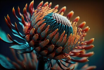 Fototapeta premium Enigmatic flower reminiscent of the Cape Proteaceae, pointy flame petals and glowing aura. Strikingly beautiful and colorful offworld alien world flora - generative AI illustration. 