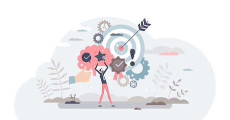 Competence and skill experience for quality performance tiny person concept, transparent background. Employee knowledge and attitude as professional leader personality illustration.