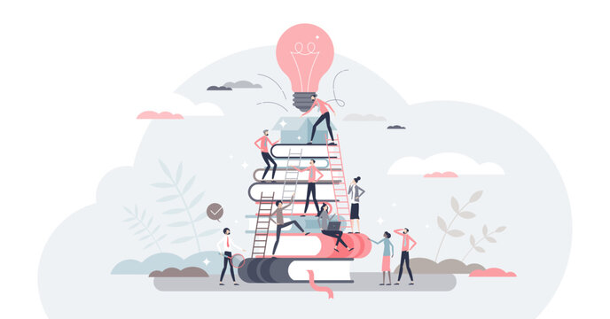 Building business with corporate knowledge and teamwork tiny person concept, transparent background.Company growth gain and new startup project promising beginning illustration.