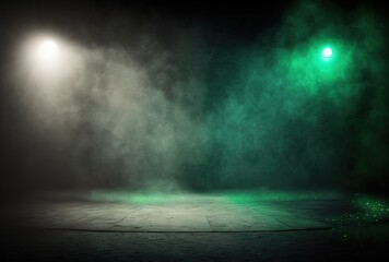 illustration of spotlights shine on stage floor in dark room, idea for background, backdrop, mock up	Generative Ai 