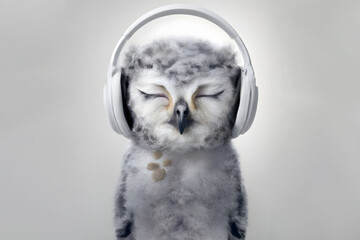 Portrait of an owl listening to music with headphones on, generative ai