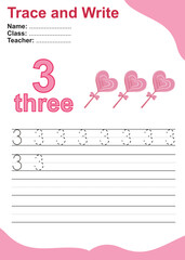 Trace and write number for children. Tracing practice worksheet for kids learning to count and to write. Educational worksheet for preschool. Valentine theme. Vector file.