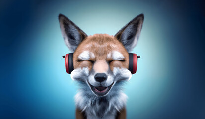 Portrait of an fox listening to music with headphones on, generative ai