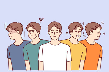 Identical men with positive and negative emotions look in different directions for concept of frequent mood swings. Young guys in colorful casual t-shirts smile or frown. Flat vector illustration