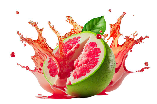 guava with guava juice splash isolated transparent background