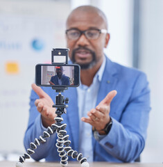 Business webinar, smartphone and black man talking for coaching, teaching and online workshop. Communication, network and entrepreneur influencer record seminar for success, strategy and leadership