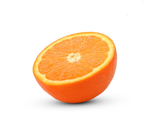 Slices of ripe orange, half of orange on white background