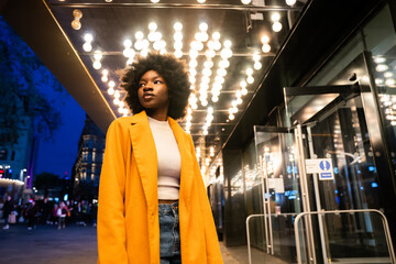 Woman With Afro Hair Portrait At Night