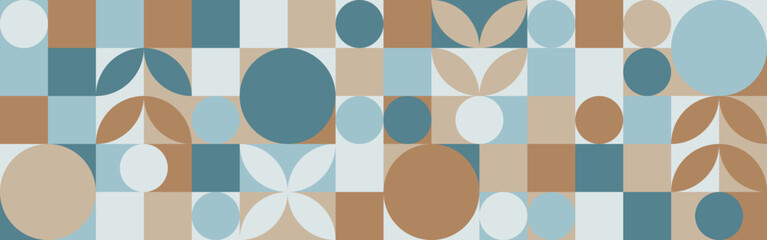 Trendy vector abstract geometric background with circles in scandinavian style, seamless pattern covering brown and blue shades of sea wave. Graphic mosaic pattern of simple shapes in pastel colors.