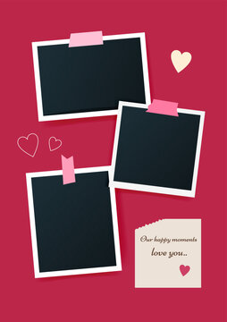 Romantic vertical postcard in color Viva Magenta for Valentine's Day with blank photo cards. Snapshot of happy moments of love. Mood board love vector illusatration