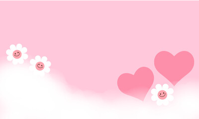 Valentine's wallpaper with hearts and daisy cartoons on pink sky background vector illustration.