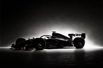 Acrylic prints F1 Side view silhouette of a modern generic sports racing car standing in a dark garage , generative AI