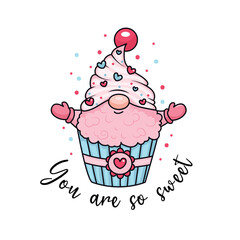 Adorable cartoon valentine gnome - sweet cake. Vector illustration. Isolated on white background. - 564929425