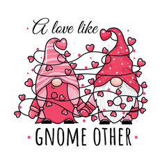 Adorable cartoon valentine couple of gnomes holding hands. Garland of hearts - 564929426