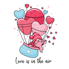 Adorable cartoon valentine gnome in a hot air balloon. Vector illustration. Isolated on white background. - 564929433