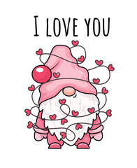 Adorable cartoon valentine gnome in a valentine garland. Vector illustration. Isolated on white background. - 564929434