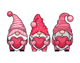 Three adorable cartoon valentine gnomes holding hearts. Vector illustration. Isolated on white background