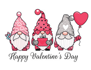Three adorable cartoon valentine gnomes holding valentine gifts. Vector illustration. Isolated on white background - 564929451