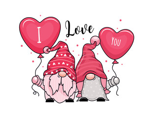Adorable cartoon valentine couple of gnomes holding valentine balloons.Vector illustration. Isolated on white background - 564929459