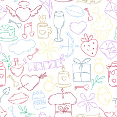 Doodle elements valentines day seamless pattern. Background cute romantic symbols. Print for textile, wallpaper, paper, packaging and design. Flat wedding template, vector illustration