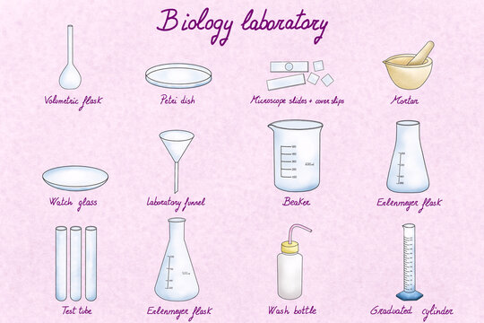 Illustration of chemistry and biology laboratory instruments set