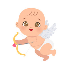 Cute little cupid with bow and arrow. Flat vector cartoon design