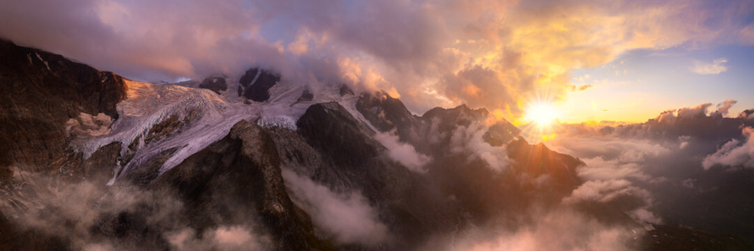 Glacier sunset panorama in the alps of Switzerland.
