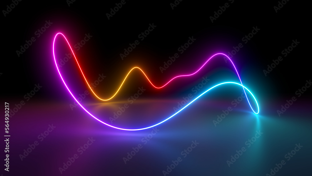 Poster Sci Fy neon glowing wave lines in a dark hall. Reflections on the floor. Empty background in the center. 3d rendering image. Abstract glowing lines. Techology futuristic background.