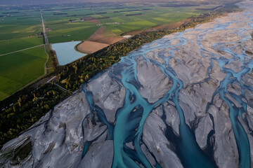 Diagonal view of the Waimakariri River with the Canterbury Plains