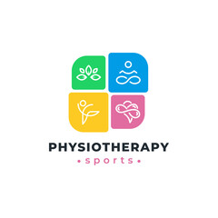 Sports physiotherapy logo icon design template vector illustration. Lotus, yoga, run, brain psychology.