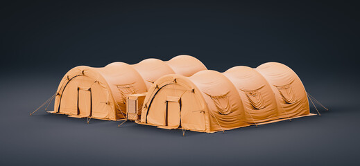 Monochrome single color yellow military tent and shelter, campsite for soldiers, humanitarian aid tent, 3d illustration