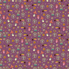 Vector seamless pattern in 70s style. Hand drawn psychedelic hippies background.