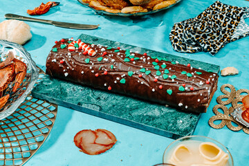 a yule log on a christmas table