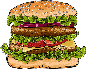 color vector image of a double burger with cutlet, cheese, tomato and lettuce on a white background. food vector illustration