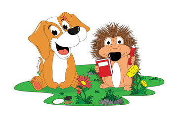 cute porcupine and dog cartoon illustration