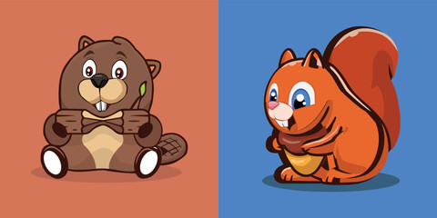 Obraz premium Cute Animals Cartoon On Flat Background Beaver, Squirrel