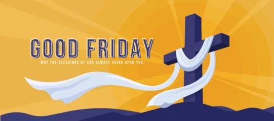 Fotobehang Good friday - Purple 3d cross crucifix with white cloth on mountain and yellow sunshine background vector design © ananaline