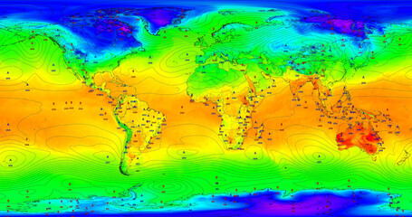 Mapa meteorológico global con temperaturas y presión atmosférica con etiquetas de nivel. © JuanCarlos