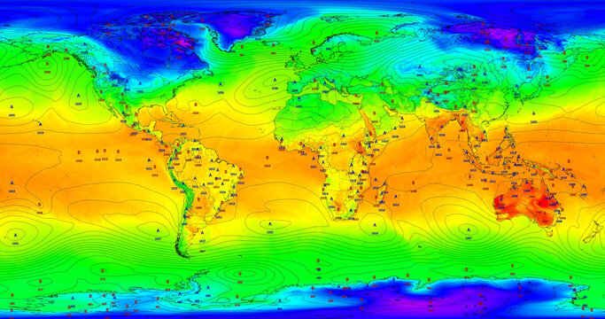 Mapa meteorol&oacute;gico global con temperaturas y presi&oacute;n atmosf&eacute;rica con etiquetas de nivel.