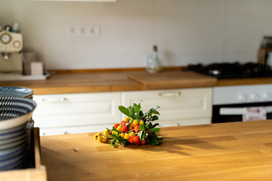 Wild cherries on kitchen counter top