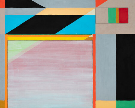 An abstract painting; geometric linear elements in a hard-edged image.