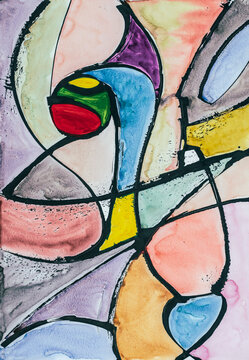 An abstract painting; rounded elements roughly defined by pen and ink.