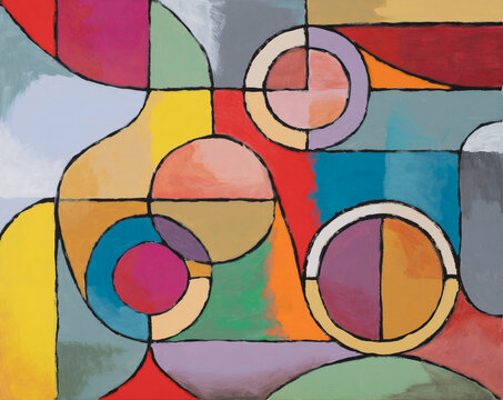 An abstract painting; circular elements roughly painted.