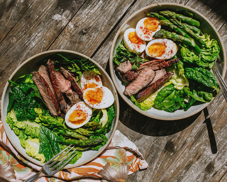 Steak and Asparagus Salad Served with Jammy Eggs