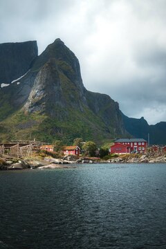 Lofoten Islands, Norway, town of Hamnoy and Reine on a partly cloudy day. Norway fjords