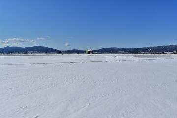 積雪した琵琶湖畔の田んぼと比叡山