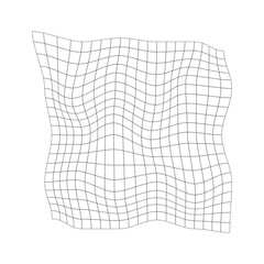 Distorted grid texture. Warped retrofuturistic mesh. Net with curvatured effect. Chequered pattern deformation. Bented lattice surface isolated on white background