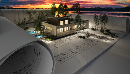 Fototapeta Bauplanung eines Einfamilienhauses mit Dachterrasse und Swimmingpool bei Abendbeleuchtung (Seenlanschaft im Hintergrund) - 3D Visualisierung obraz