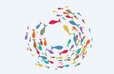 Vector illustration of swirl of fishes underwater